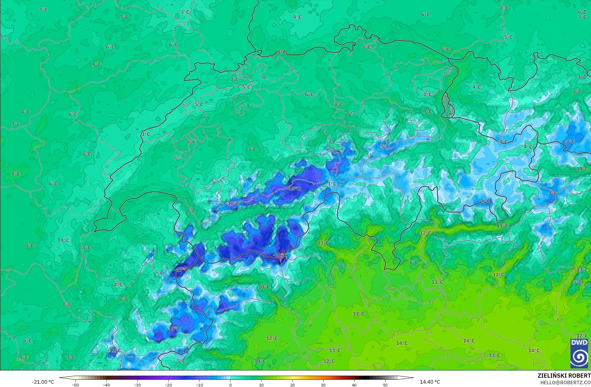 ICON Germany 2 km model - Switzerland, Dewpoint at 2m