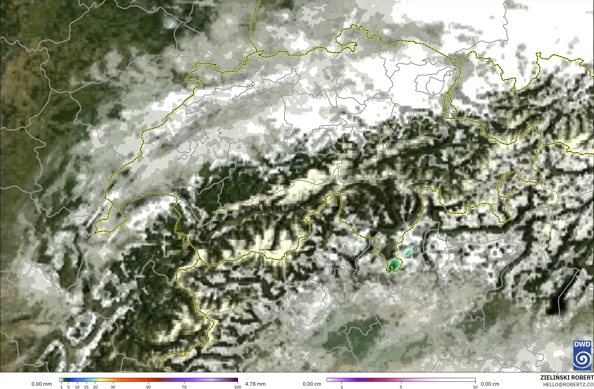 ICON Germany 2 km model - Switzerland, Precipitation, Clouds, and Pressure