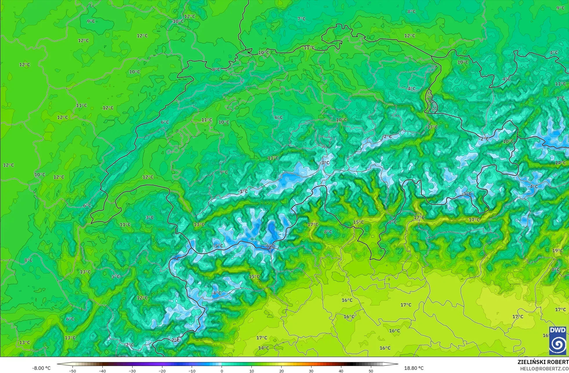 ICON Germany 2 km model - Switzerland, Temperature at 2m