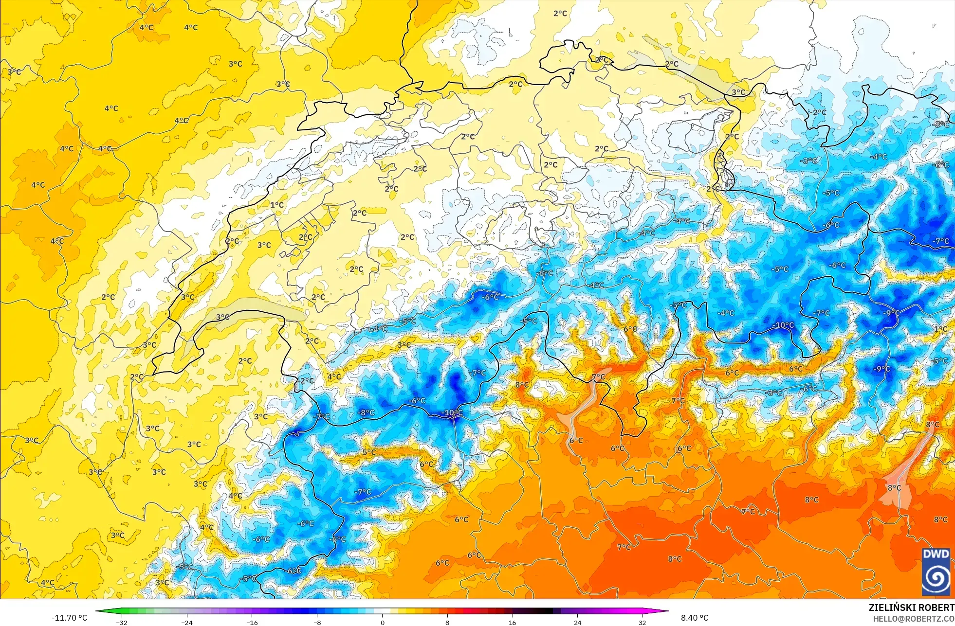 ICON Germany 2 km model - Switzerland, Temperature at 850hPa Anomaly