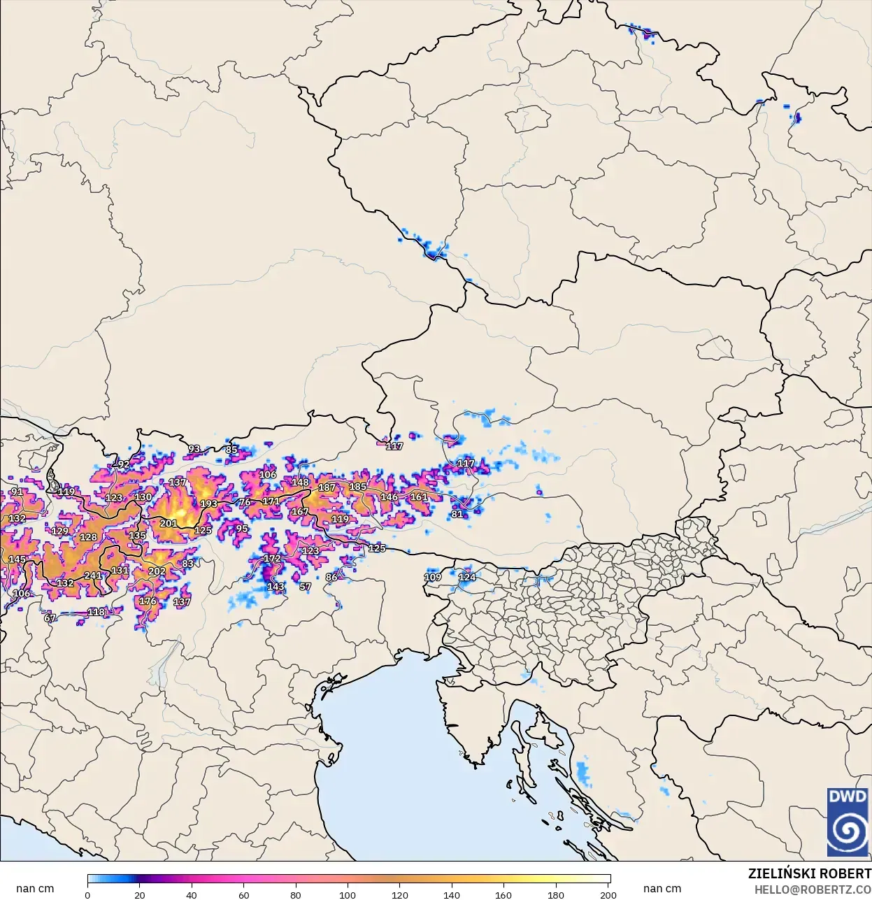 ICON ألمانيا 2 كم نموذج - النمسا, عمق الثلج