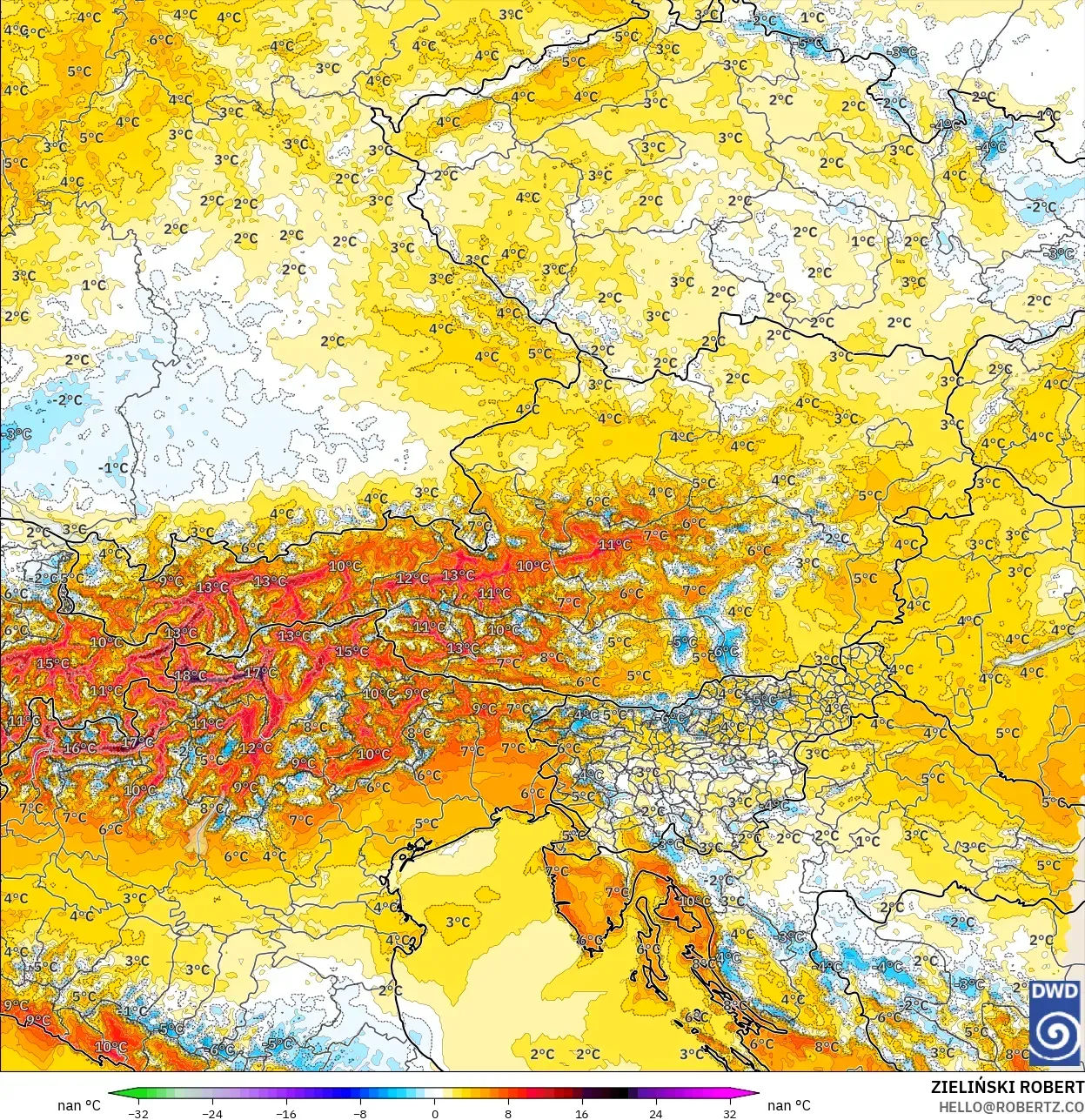 ICON ألمانيا 2 كم نموذج - النمسا, انحراف درجة الحرارة 2 م