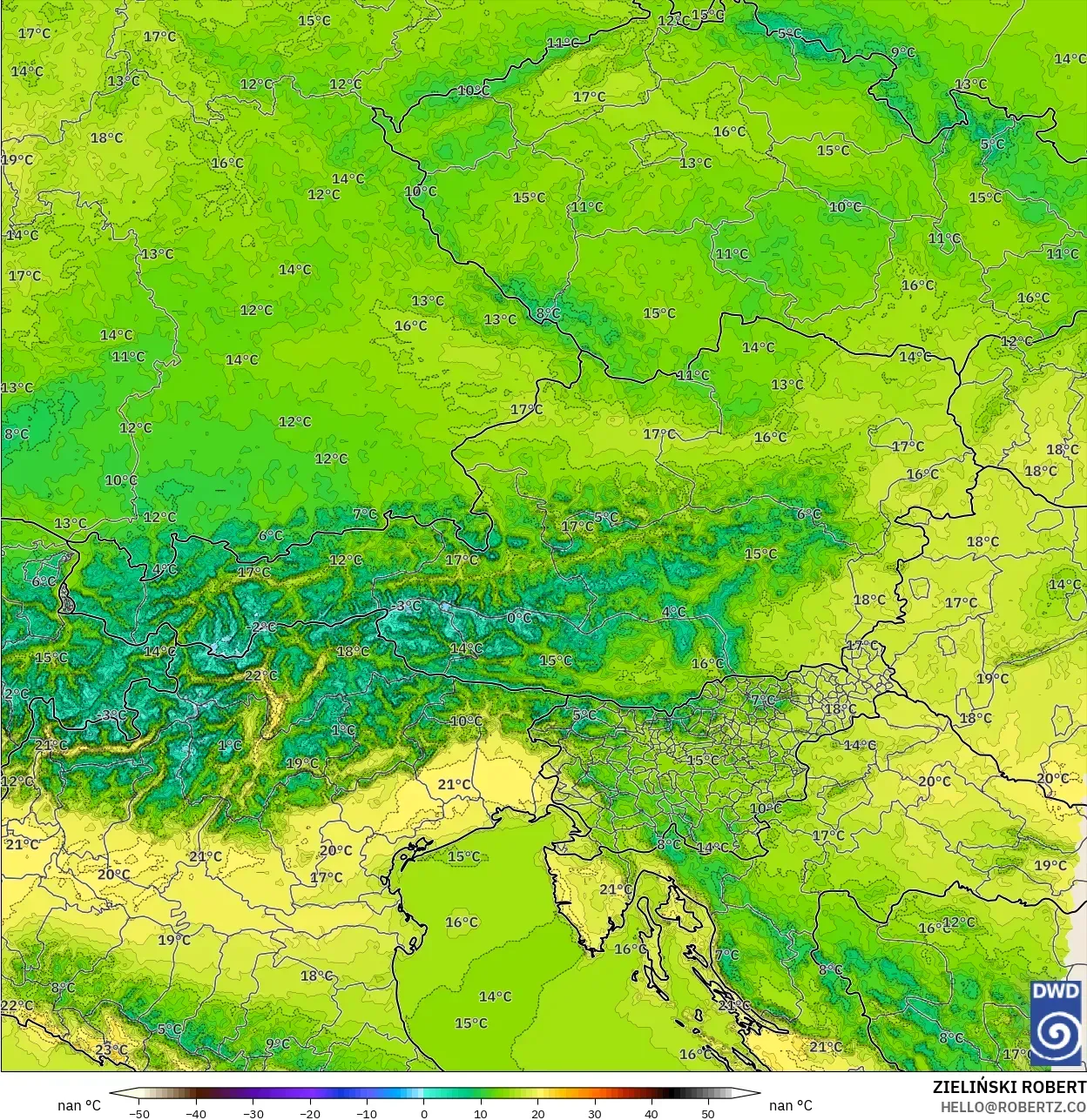 ICON ألمانيا 2 كم نموذج - النمسا, درجة الحرارة على ارتفاع 2 م