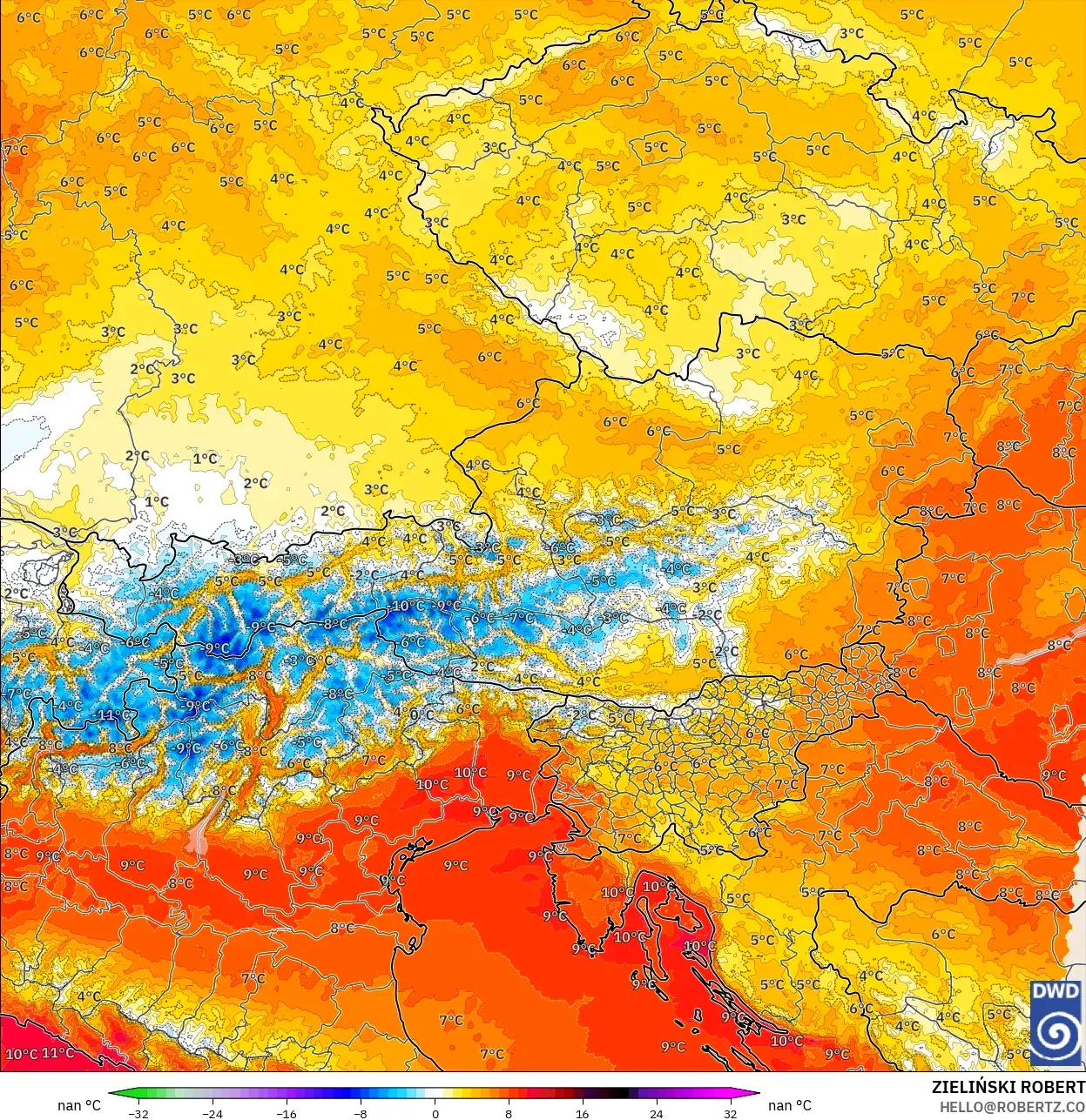 ICON ألمانيا 2 كم نموذج - النمسا, انحراف درجة الحرارة 850 hPa