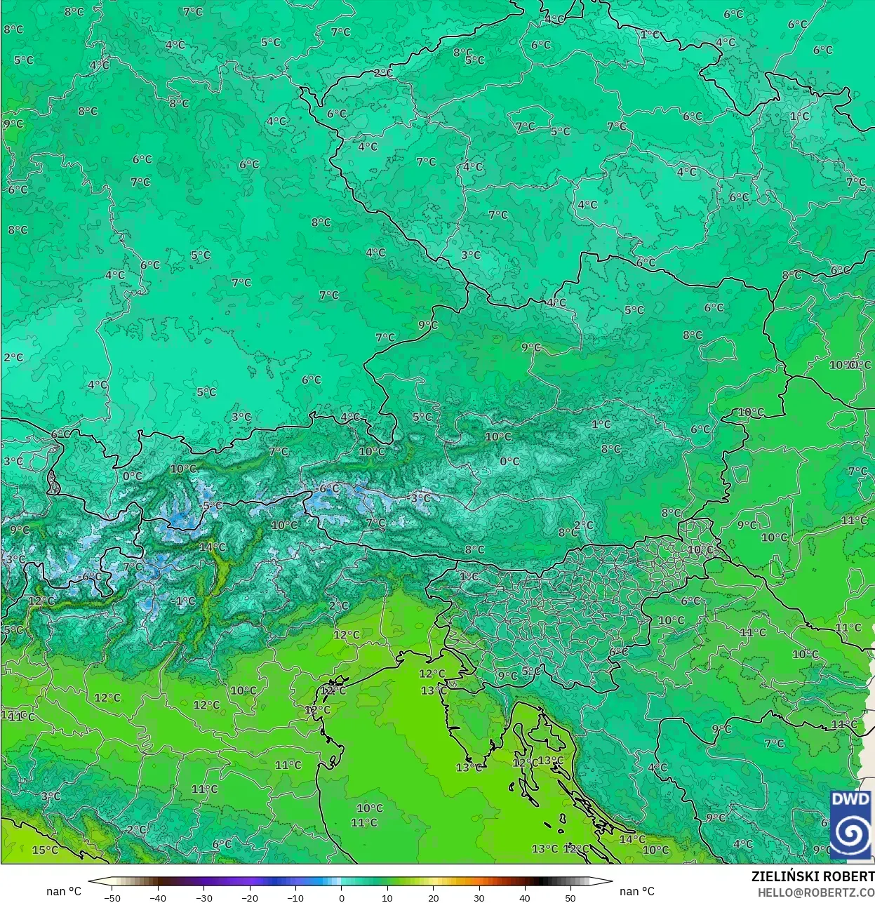 ICON ألمانيا 2 كم نموذج - النمسا, درجة الحرارة 850 hPa
