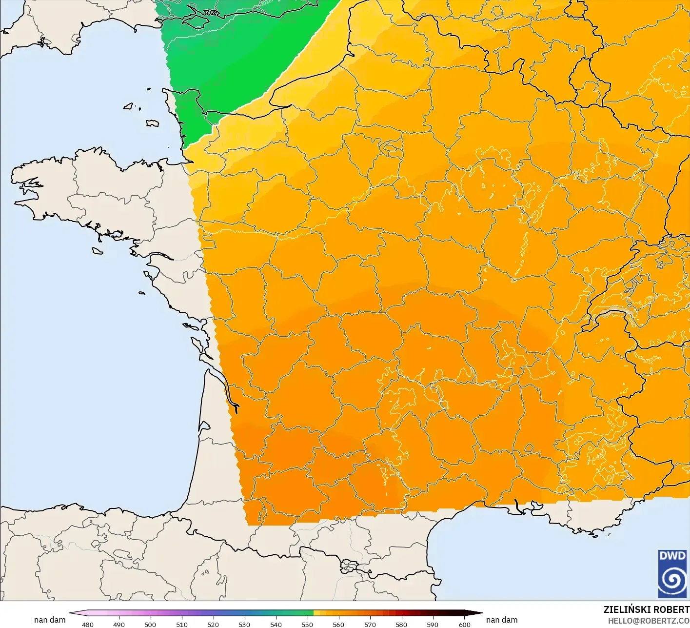 ICON Germany 2 km model - France, Geopotential height at 500hPa