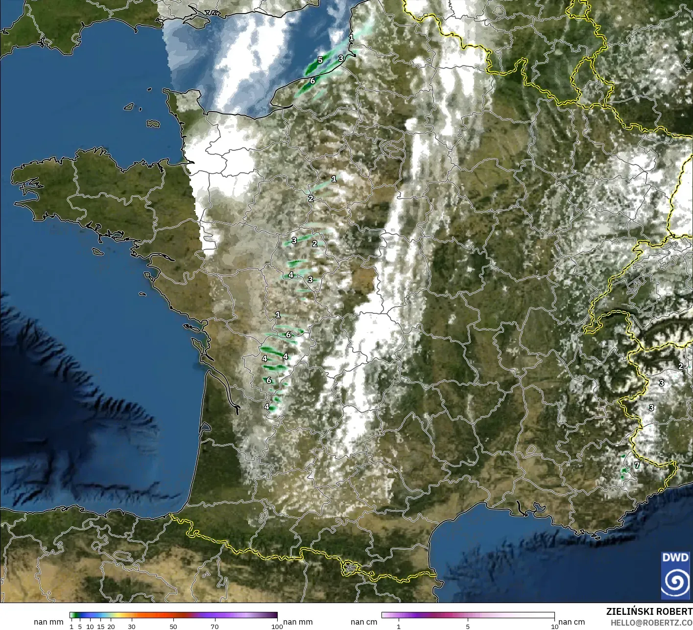 ICON Germany 2 km model - France, Precipitation, Clouds, and Pressure