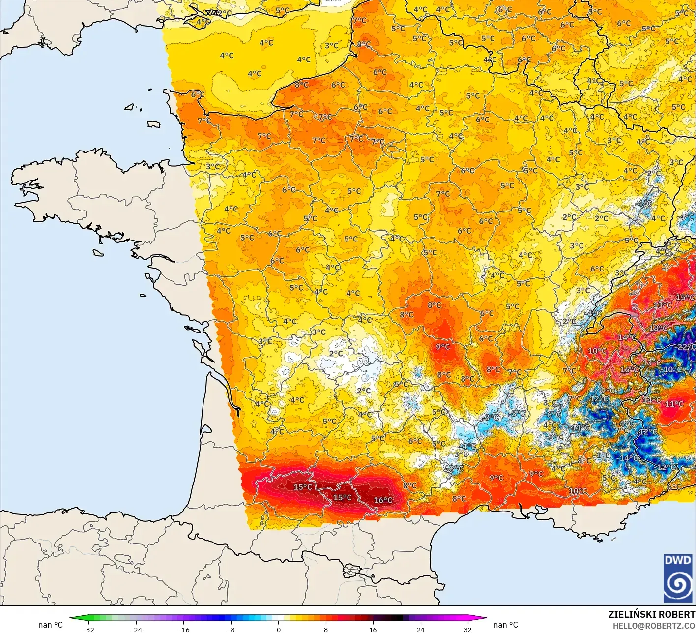 ICON Germany 2 km model - France, Temperature at 2m Anomaly