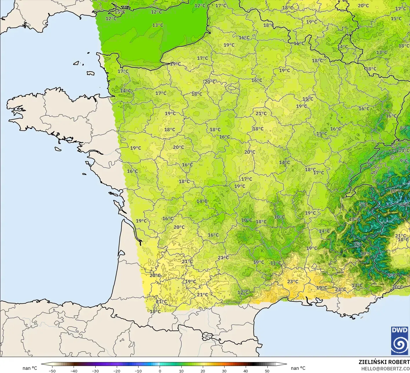 ICON ألمانيا 2 كم نموذج - فرنسا, درجة الحرارة على ارتفاع 2 م