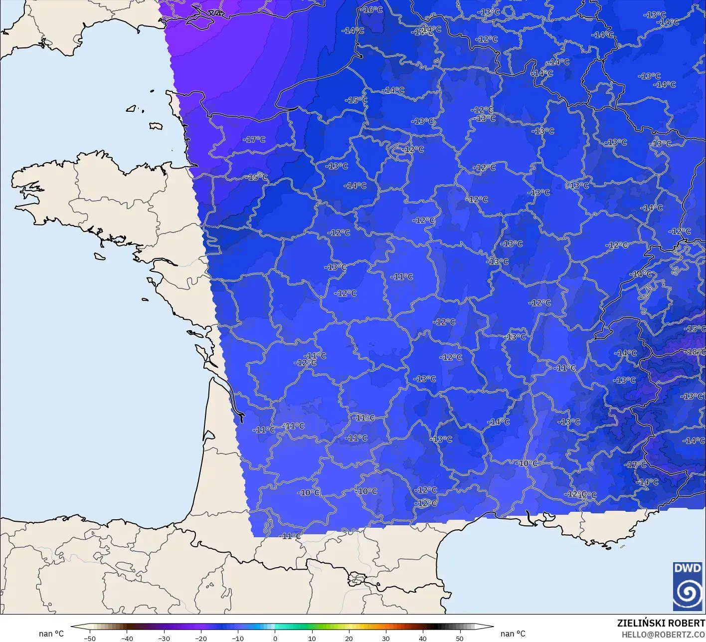 ICON ألمانيا 2 كم نموذج - فرنسا, درجة الحرارة 500 hPa