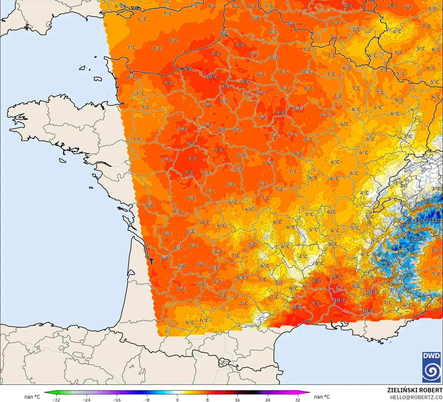 ICON Germany 2 km model - France, Temperature at 850hPa Anomaly