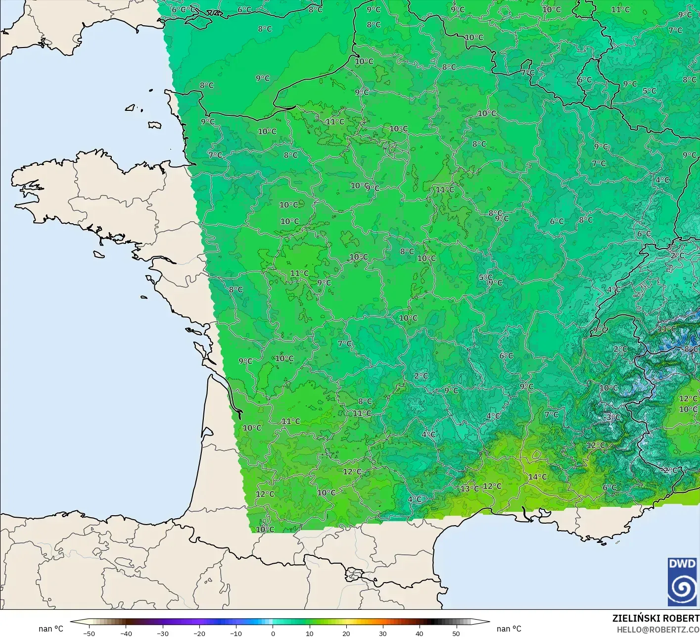 ICON Germany 2 km model - France, Temperature at 850hPa