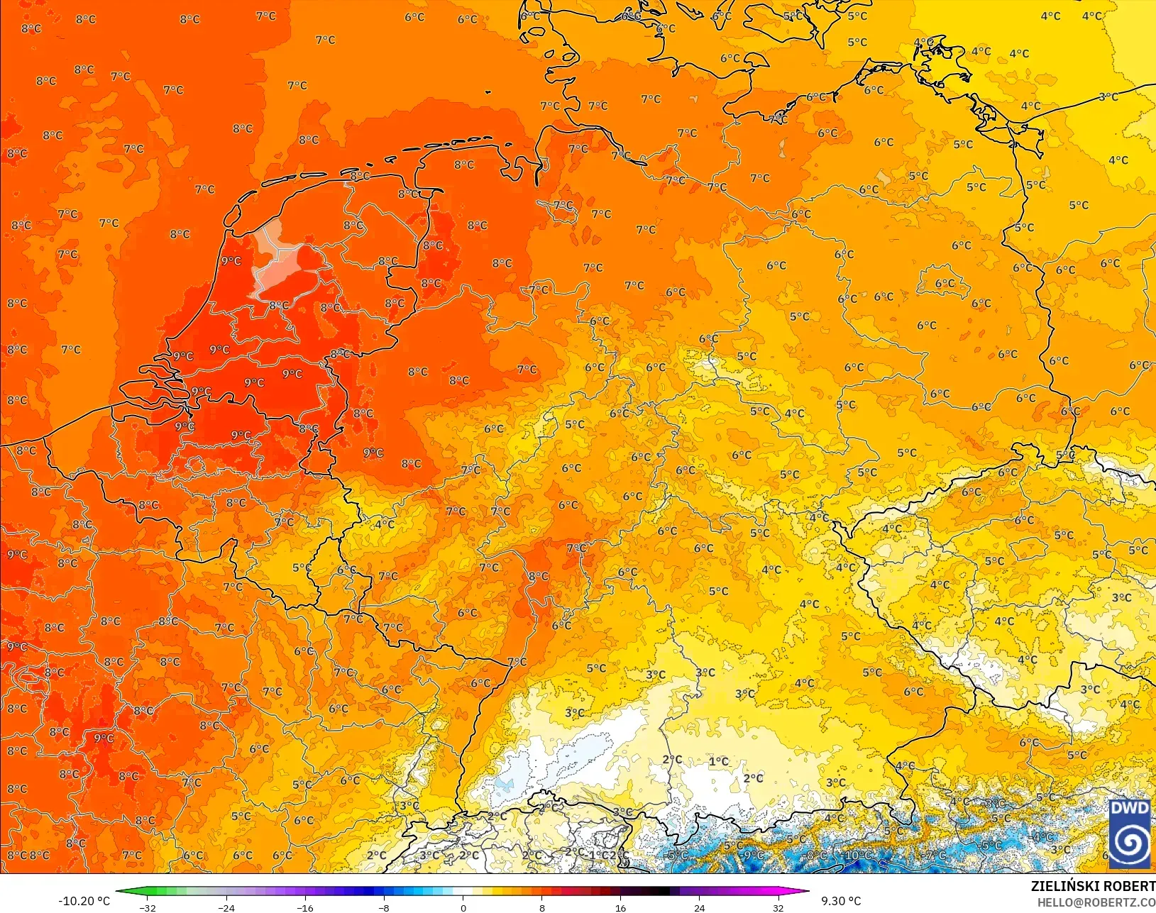 ICON ألمانيا 2 كم نموذج - ألمانيا, انحراف درجة الحرارة 850 hPa