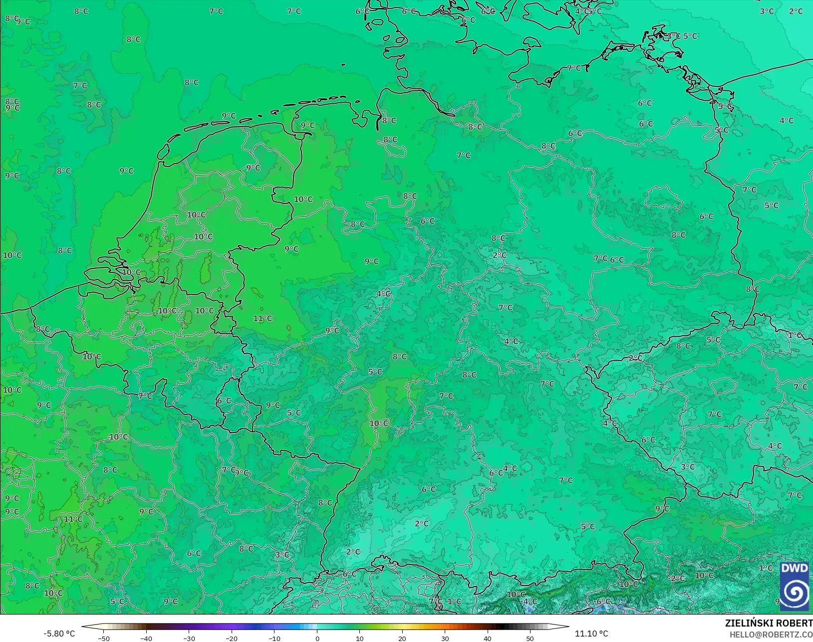 ICON Germany 2 km model - Germany, Temperature at 850hPa