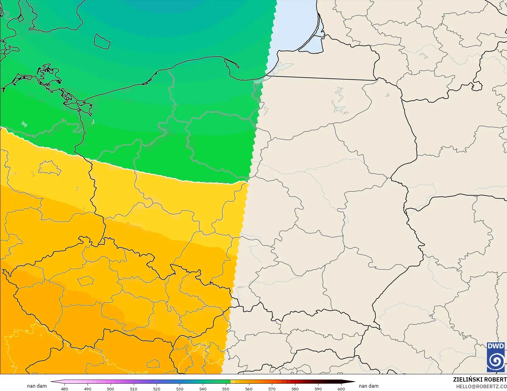 ICON Germany 2 km model - Poland, Geopotential height at 500hPa