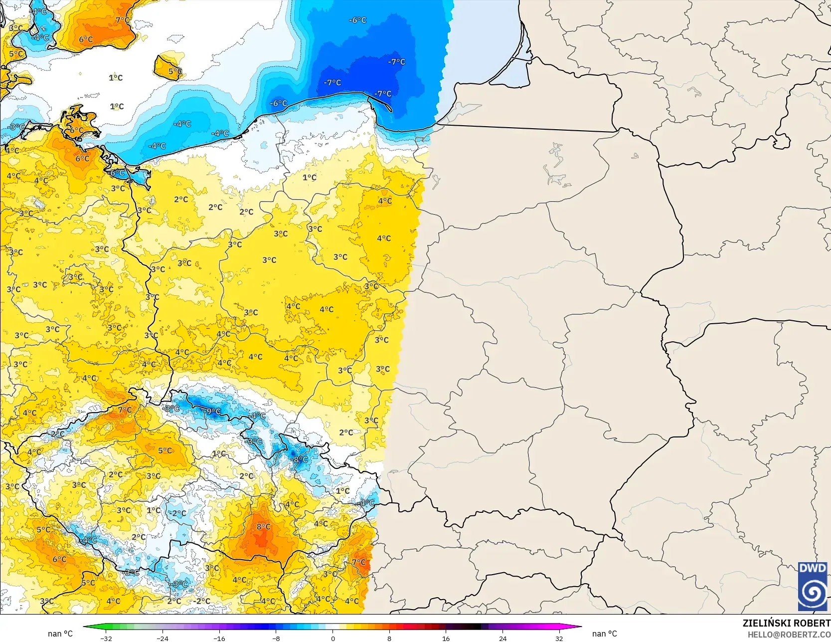 ICON Germany 2 km model - Poland, Temperature at 2m Anomaly