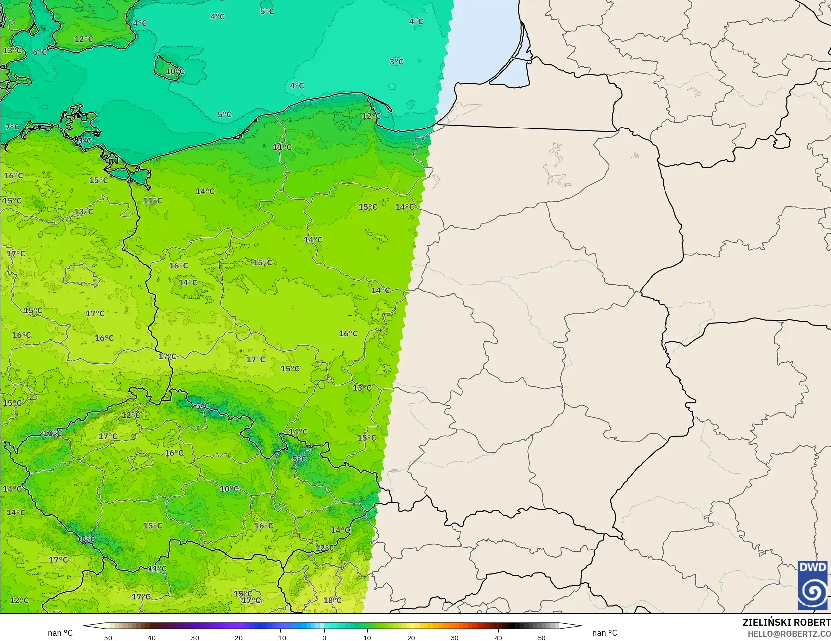 ICON ألمانيا 2 كم نموذج - بولندا, درجة الحرارة على ارتفاع 2 م