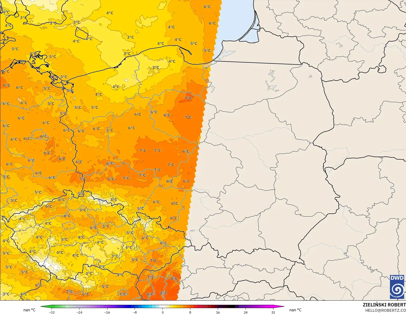 ICON ألمانيا 2 كم نموذج - بولندا, انحراف درجة الحرارة 850 hPa