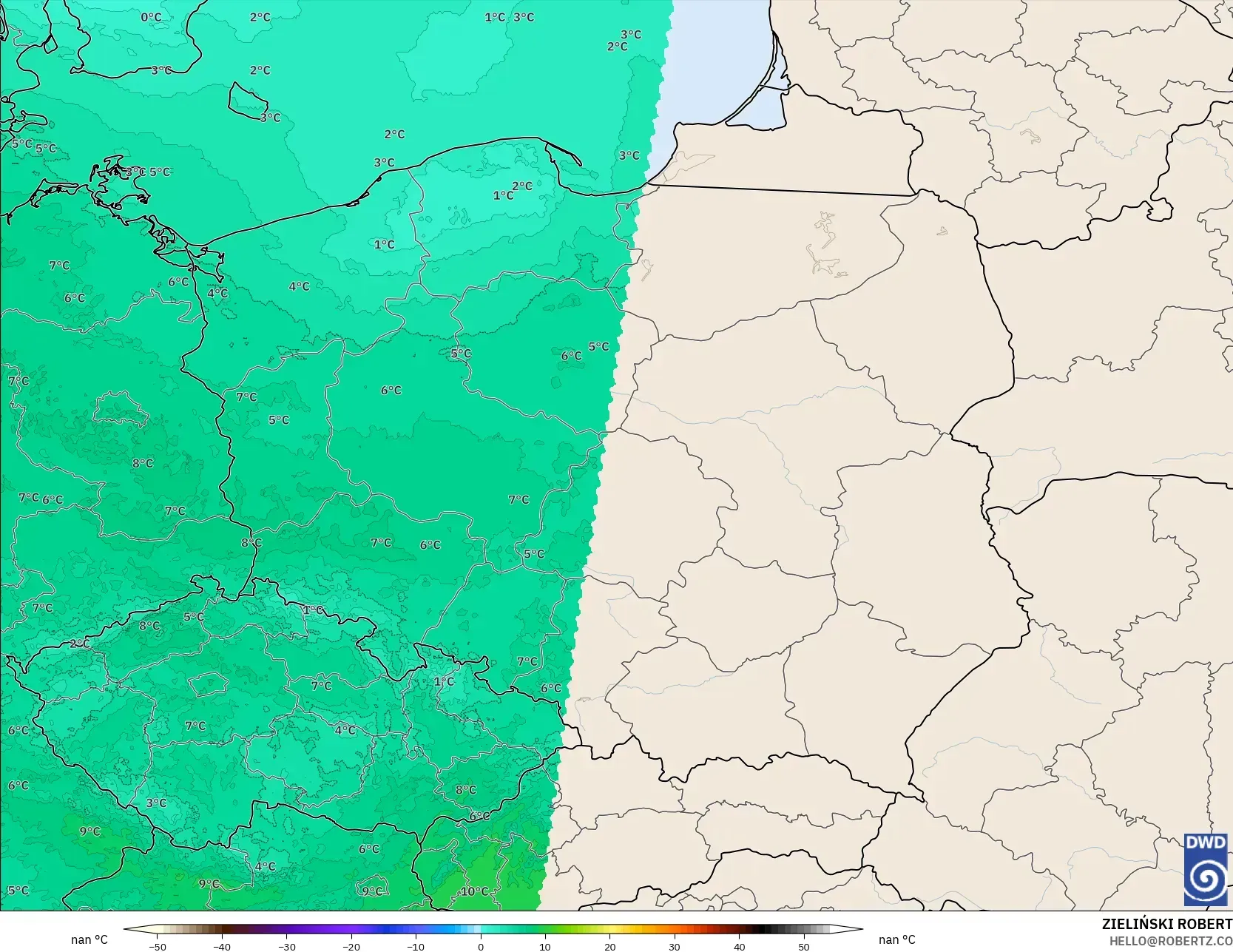 ICON ألمانيا 2 كم نموذج - بولندا, درجة الحرارة 850 hPa