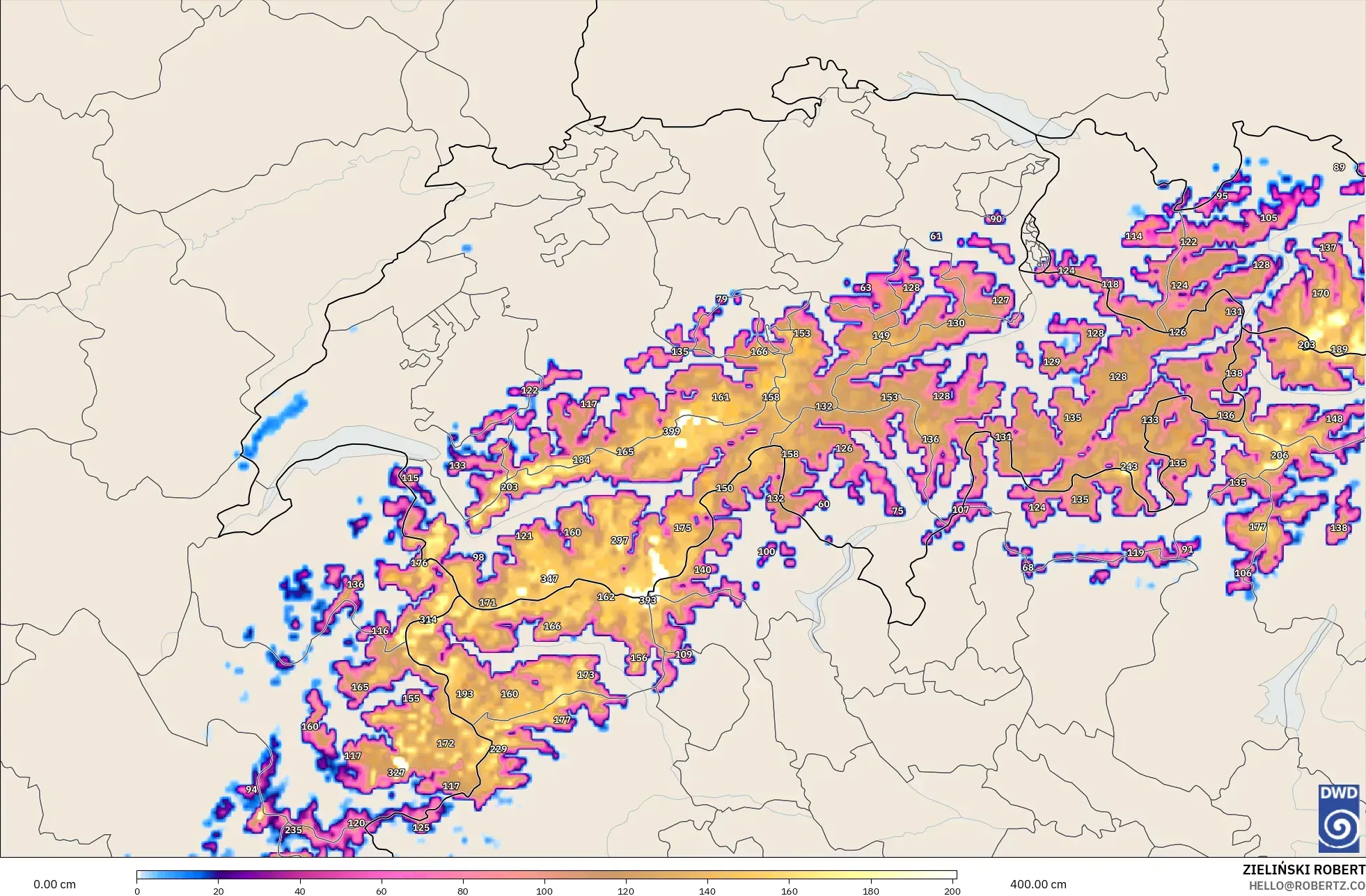 ICON ألمانيا 2 كم نموذج - سويسرا, عمق الثلج