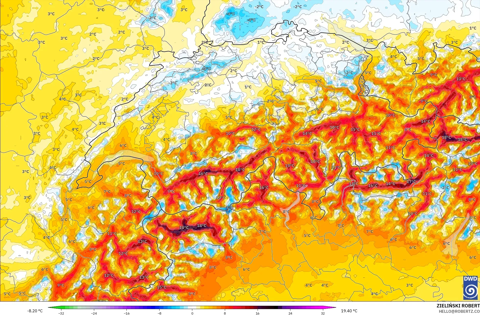 ICON ألمانيا 2 كم نموذج - سويسرا, انحراف درجة الحرارة 2 م