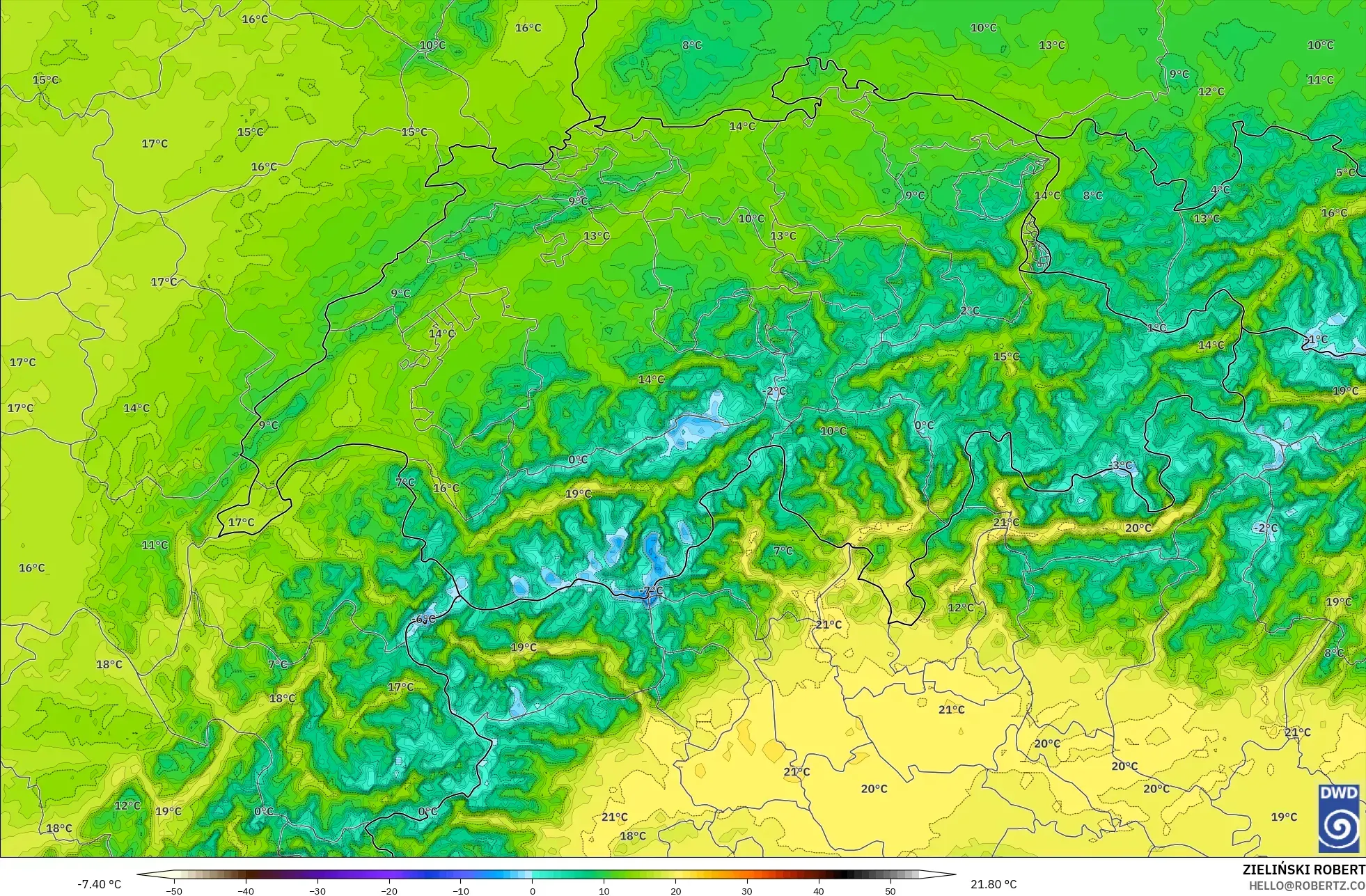 ICON Germany 2 km model - Switzerland, Temperature at 2m