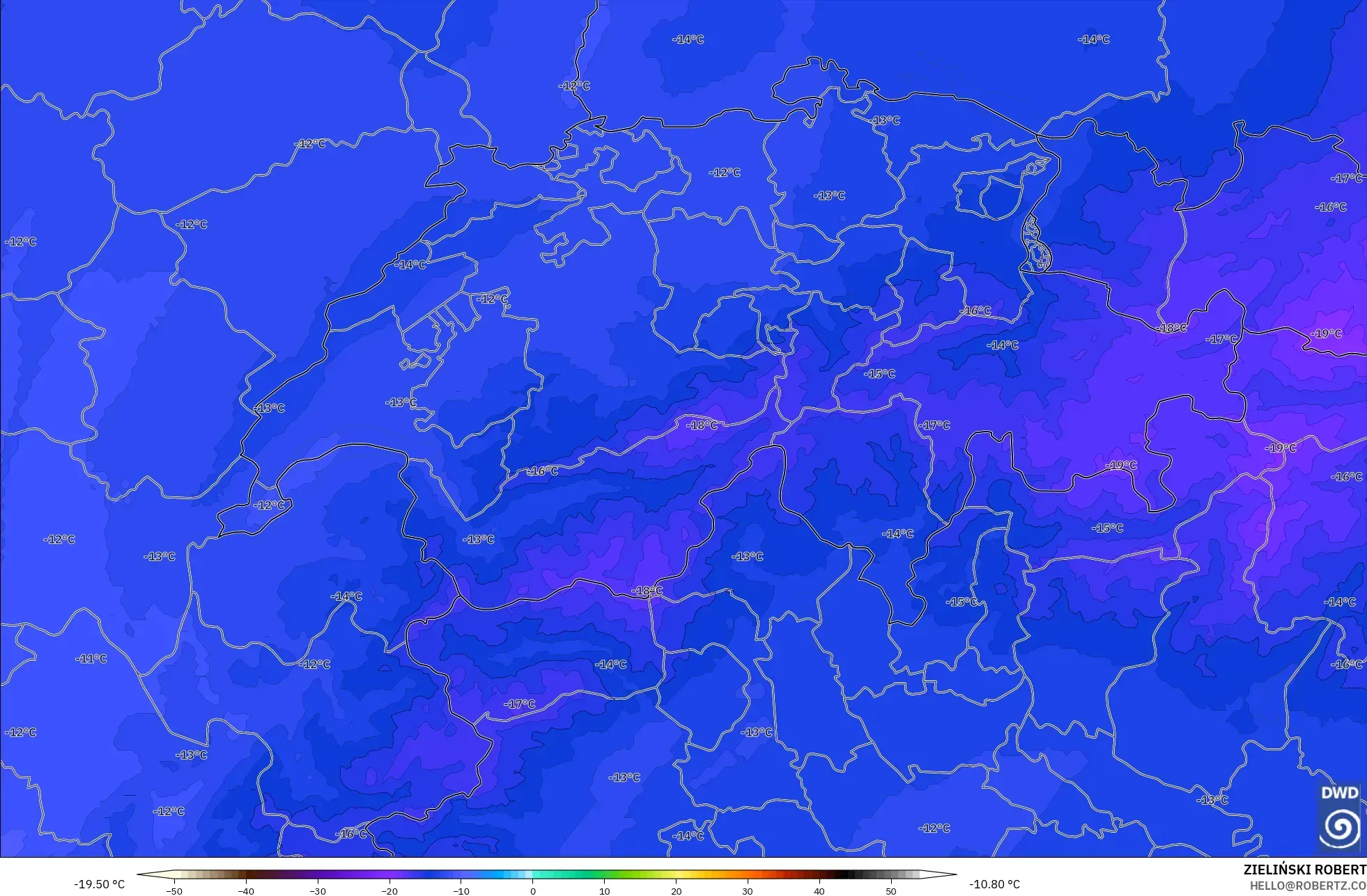 ICON Germany 2 km model - Switzerland, Temperature at 500hPa