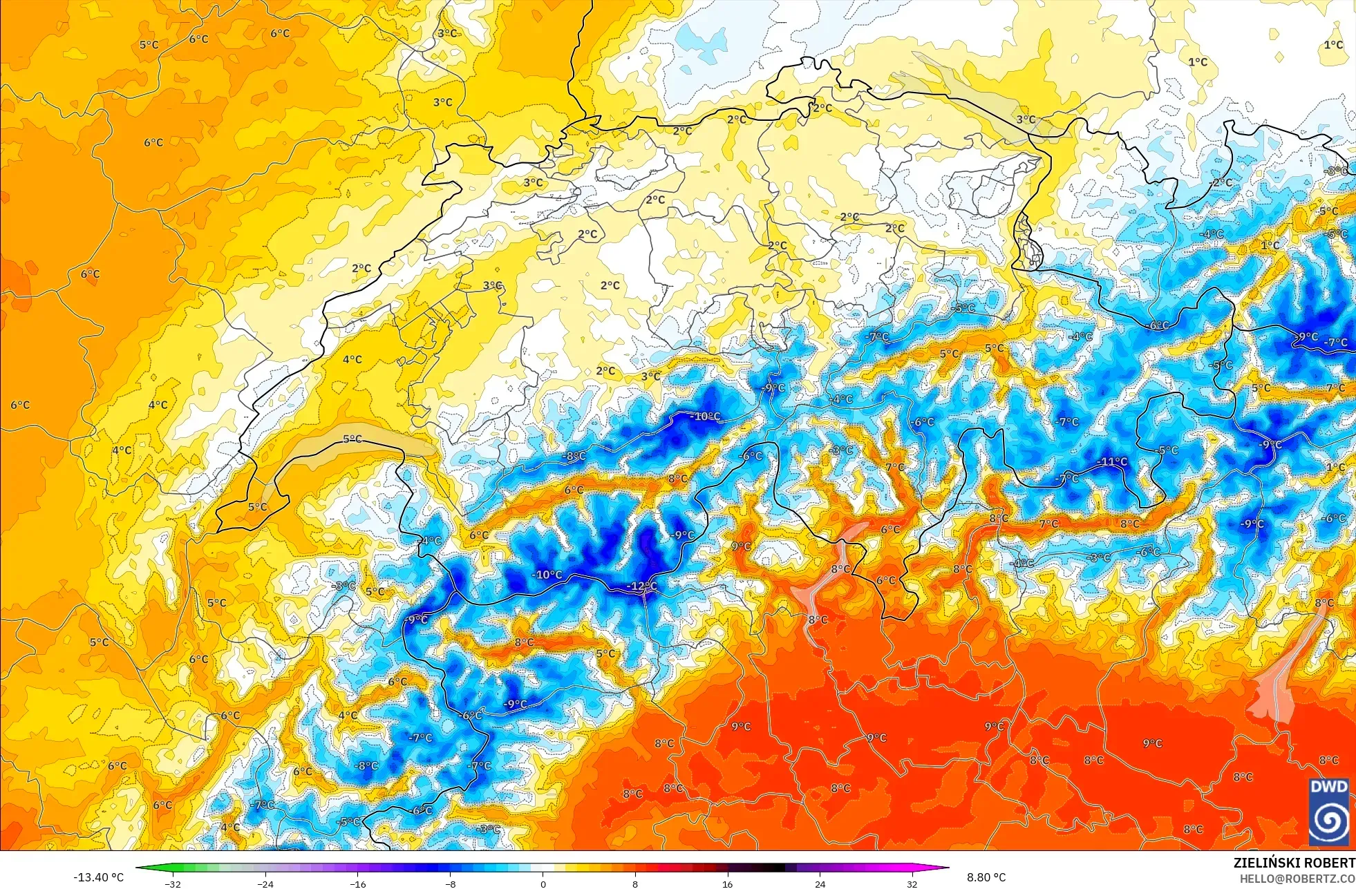 ICON ألمانيا 2 كم نموذج - سويسرا, انحراف درجة الحرارة 850 hPa