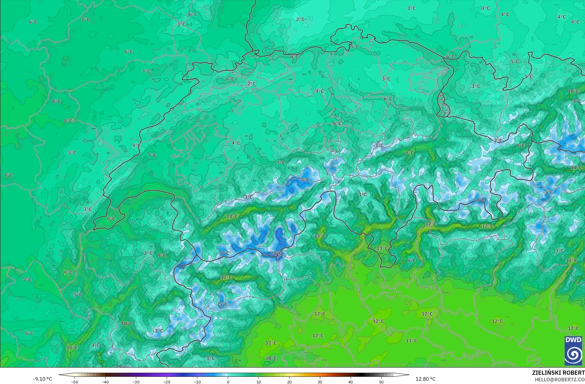 ICON ألمانيا 2 كم نموذج - سويسرا, درجة الحرارة 850 hPa