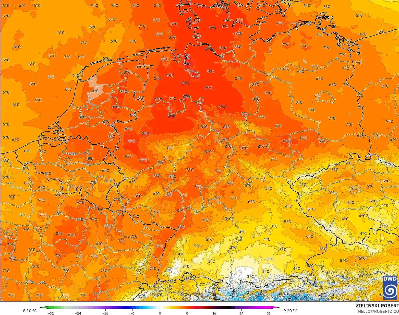 ICON Germany 2 km model - Germany, Temperature at 850hPa Anomaly