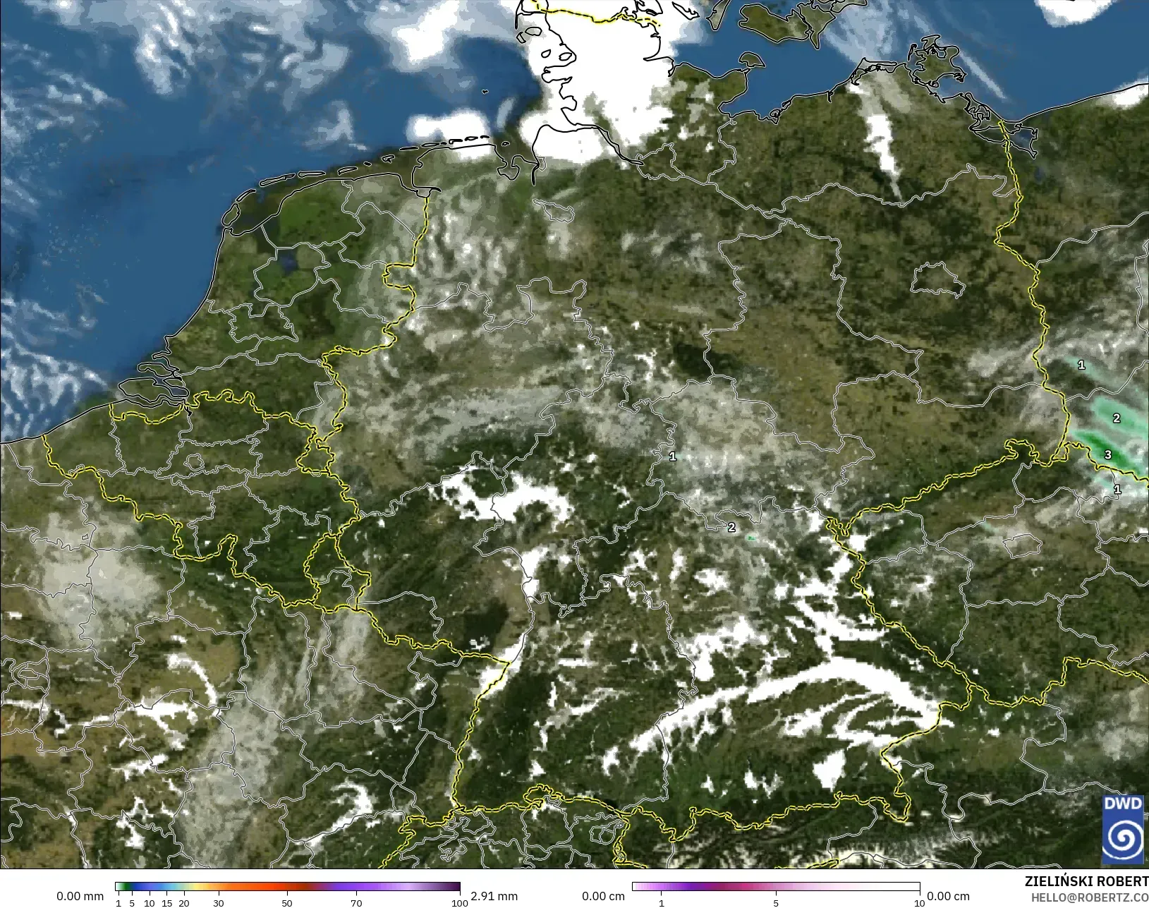 ICON Germany 2 km model - Germany, Precipitation, Clouds, and Pressure