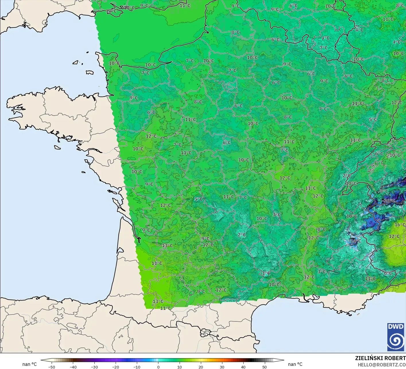 ICON Germany 2 km model - France, Dewpoint at 2m