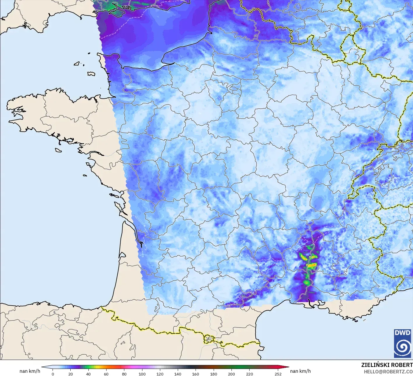 ICON Germany 2 km model - France, Wind Gusts Peak