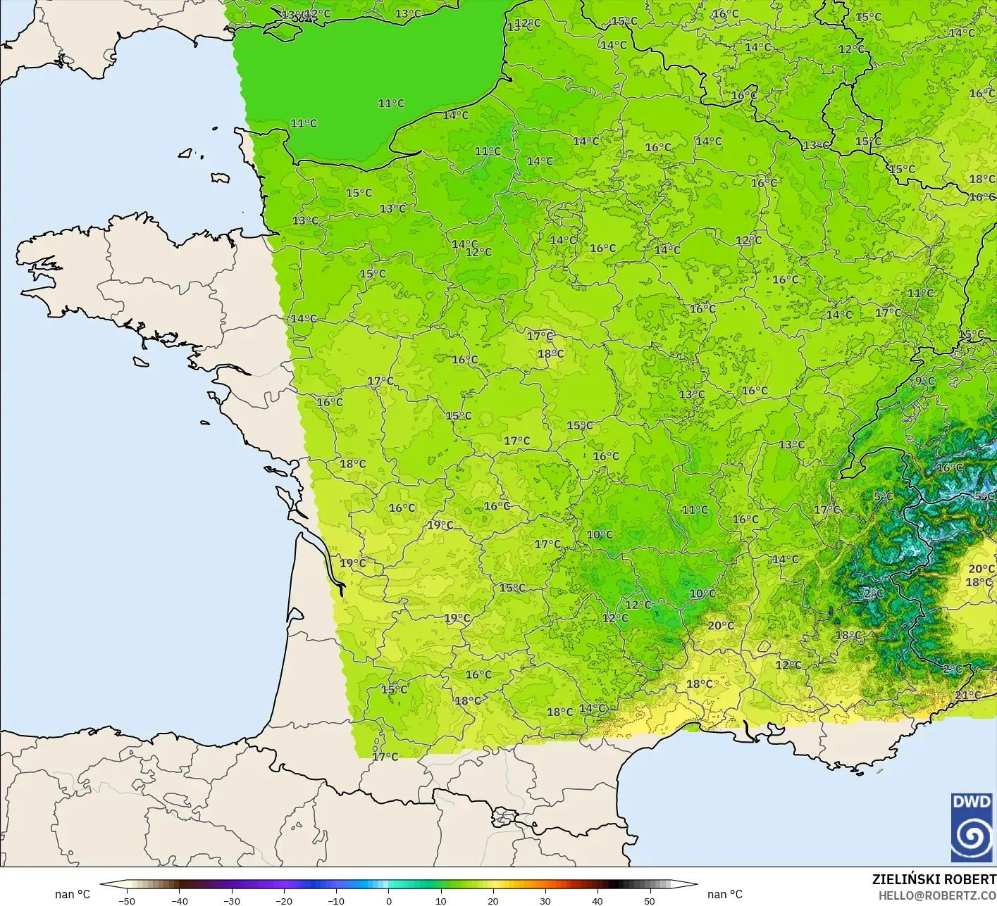 ICON Germany 2 km model - France, Temperature at 2m