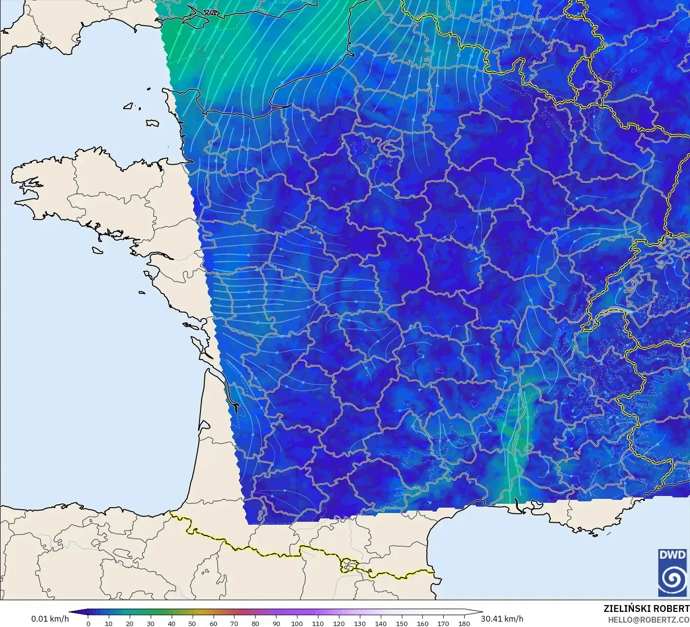 ICON Germany 2 km model - France, Wind at 10m