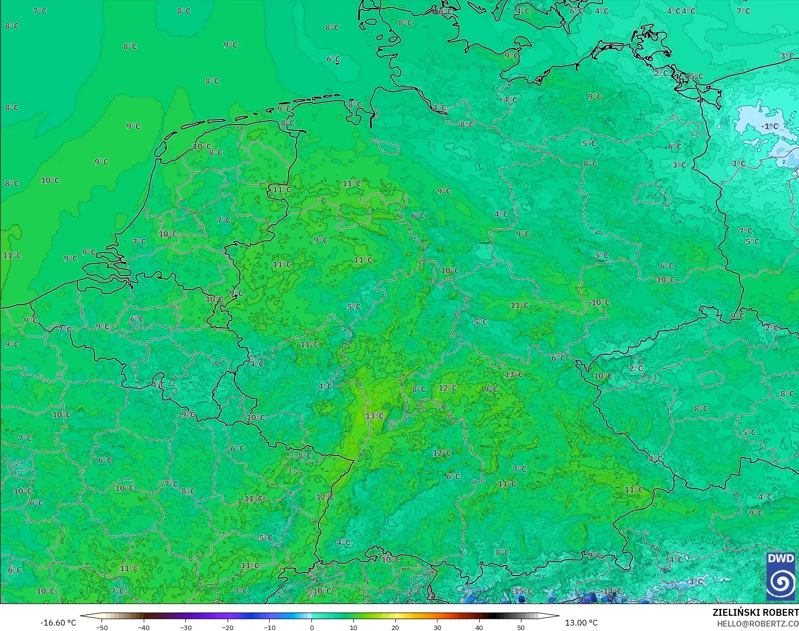 ICON Germany 2 km model - Germany, Dewpoint at 2m