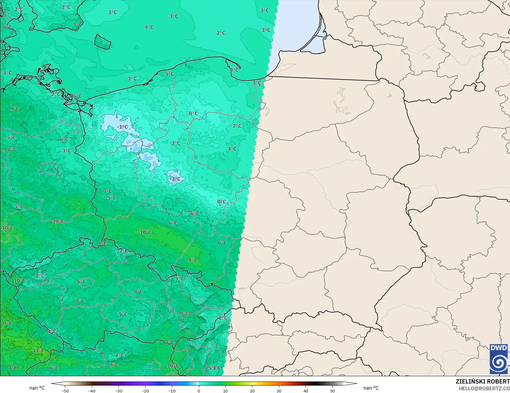 ICON Germany 2 km model - Poland, Dewpoint at 2m