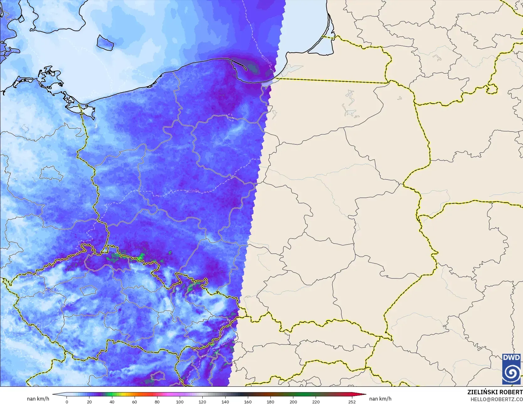ICON Germany 2 km model - Poland, Wind Gusts Peak