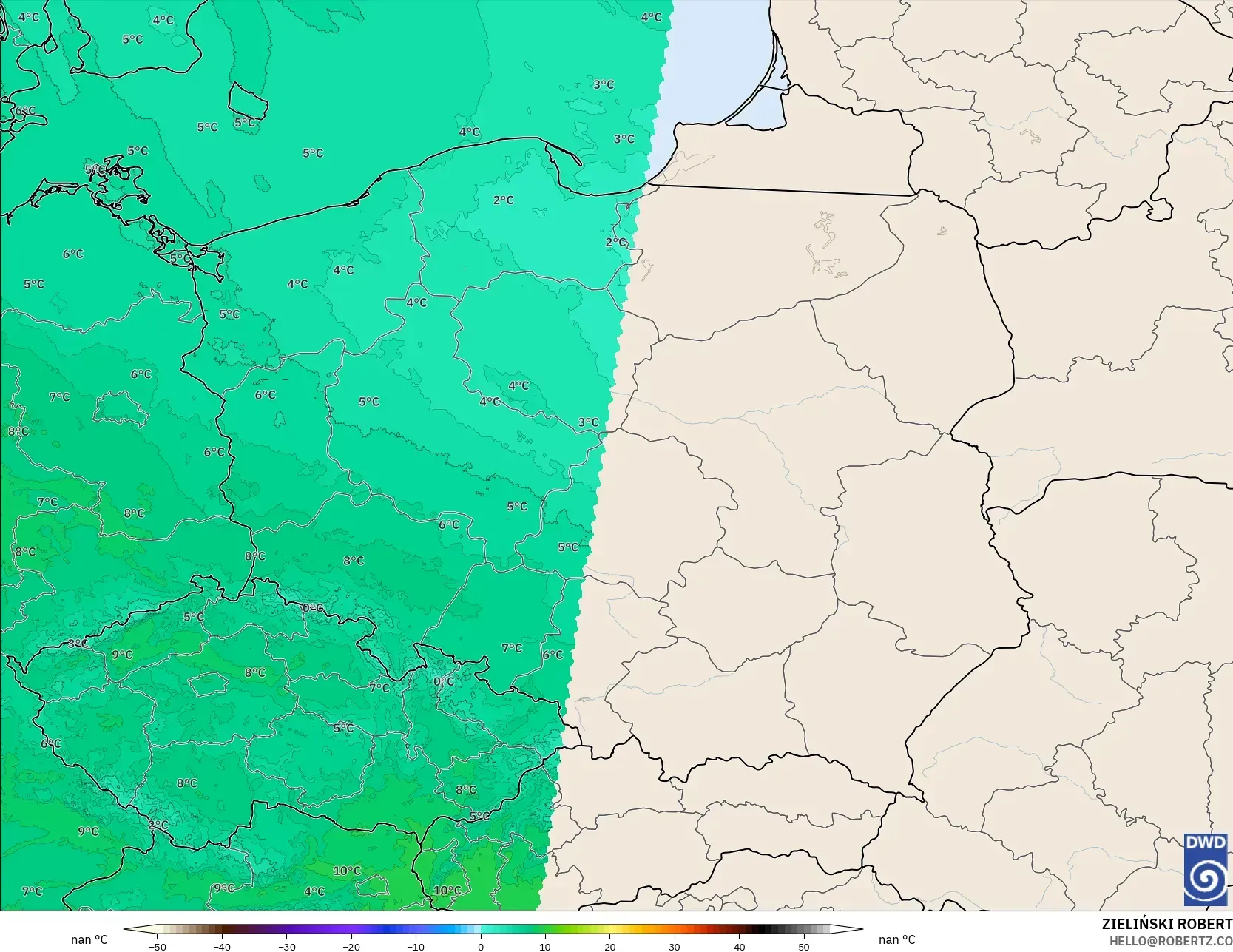 ICON Germany 2 km model - Poland, Temperature at 850hPa