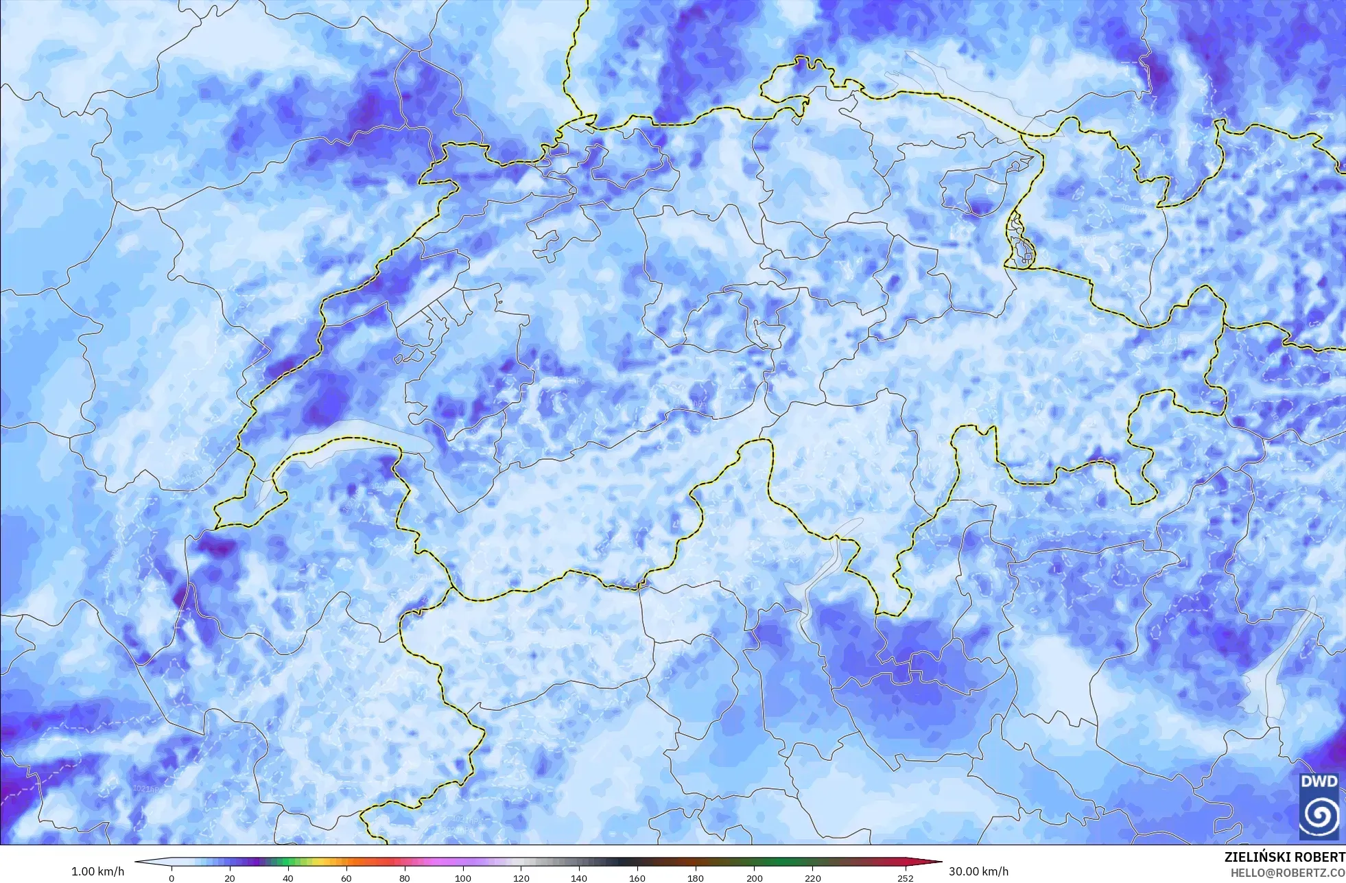 ICON Germany 2 km model - Switzerland, Wind Gusts Peak