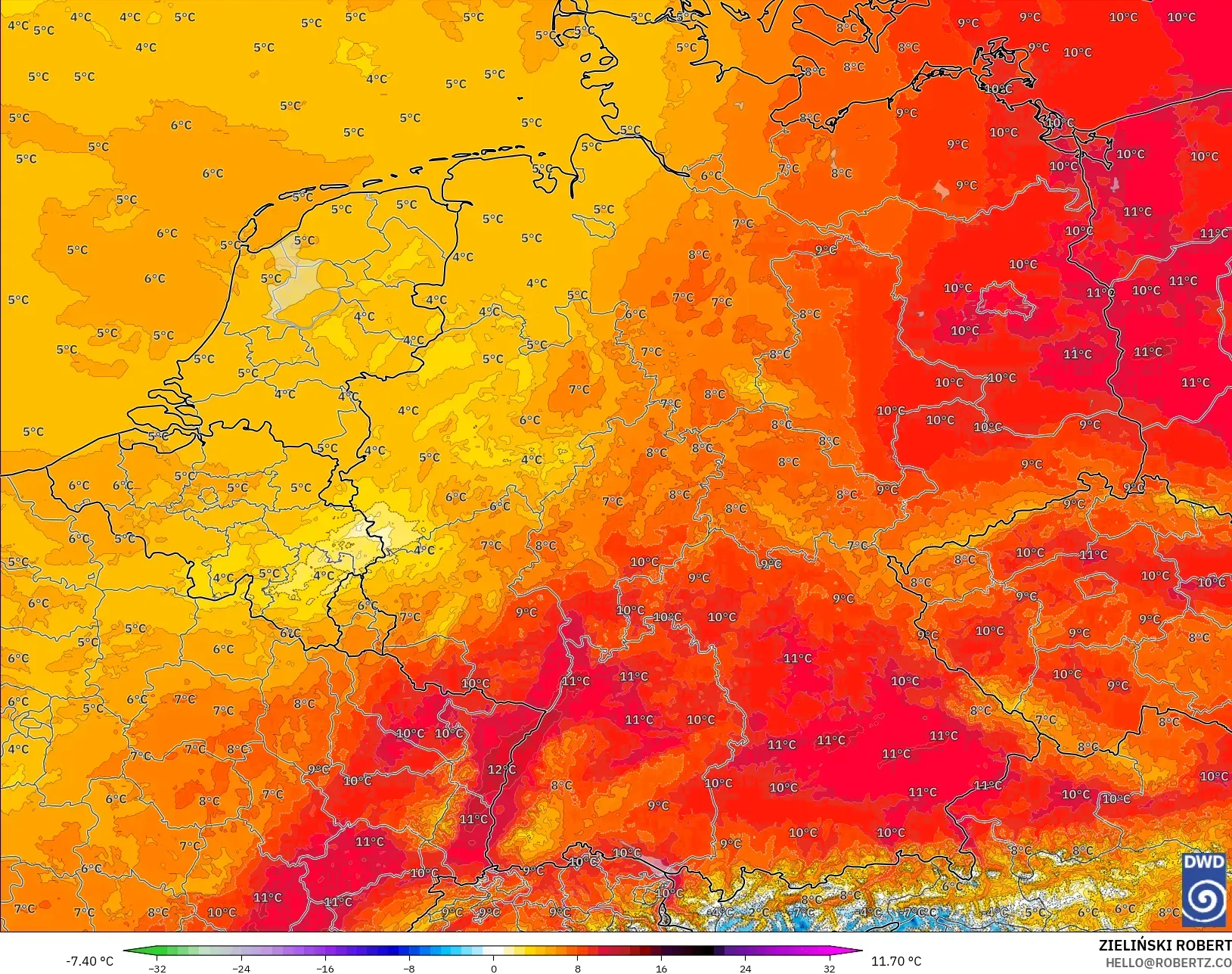ICON Germany 2 km model - Germany, Temperature at 850hPa Anomaly
