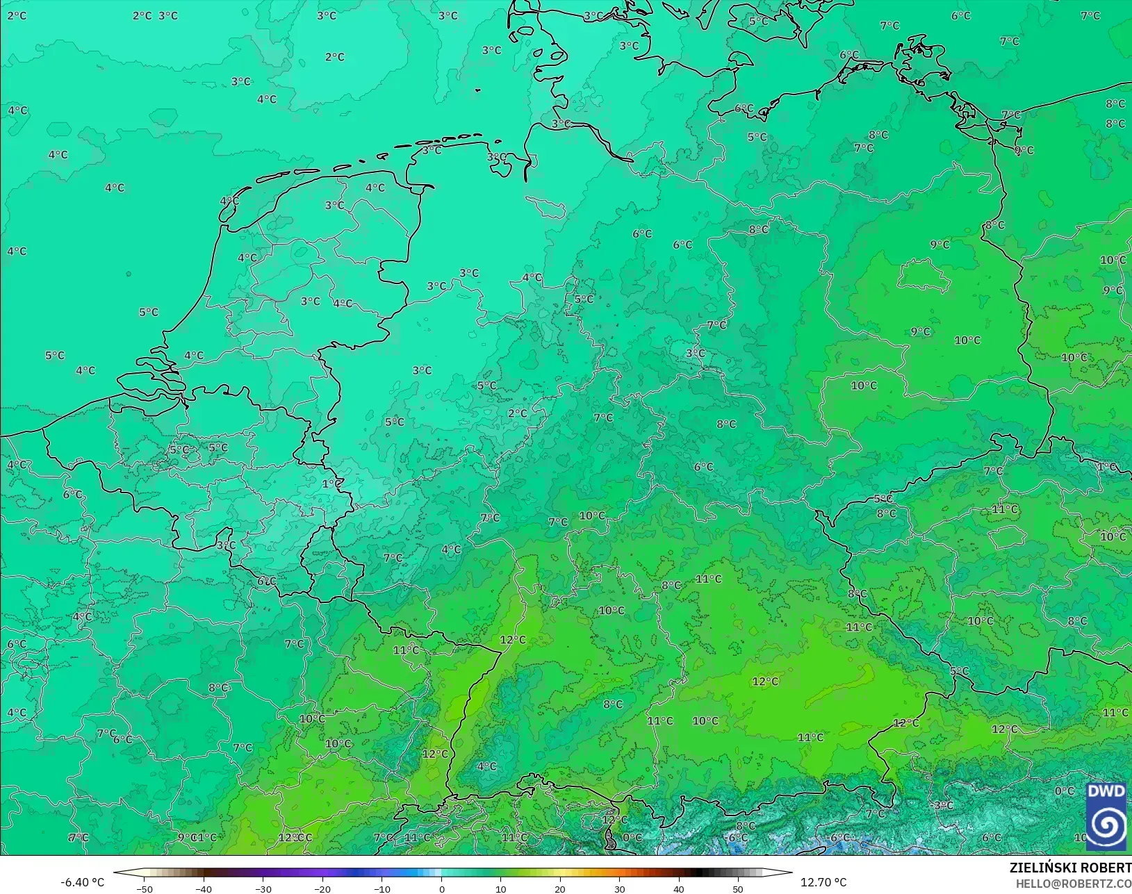 ICON Germany 2 km model - Germany, Temperature at 850hPa