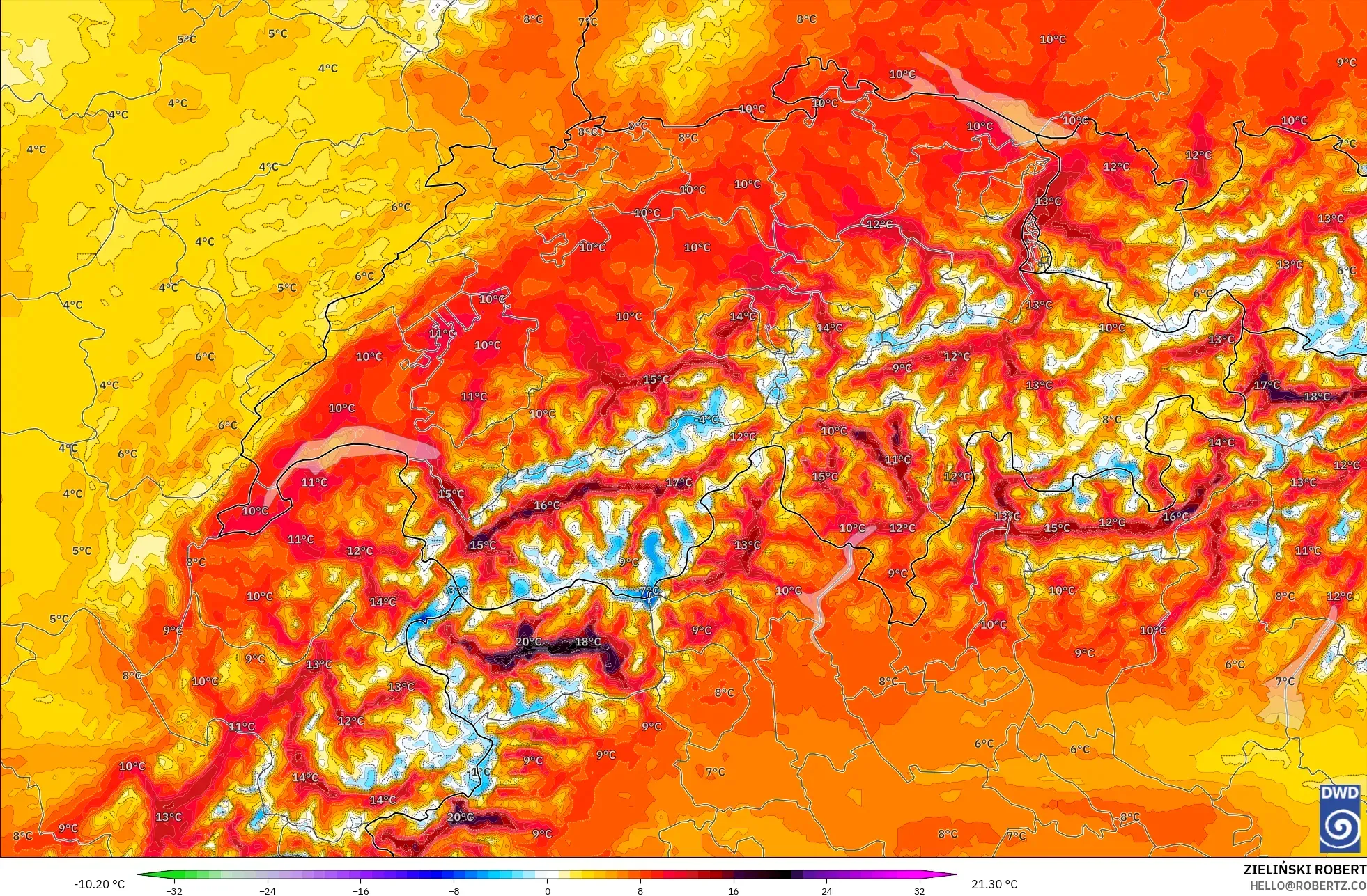ICON Germany 2 km model - Switzerland, Temperature at 2m Anomaly