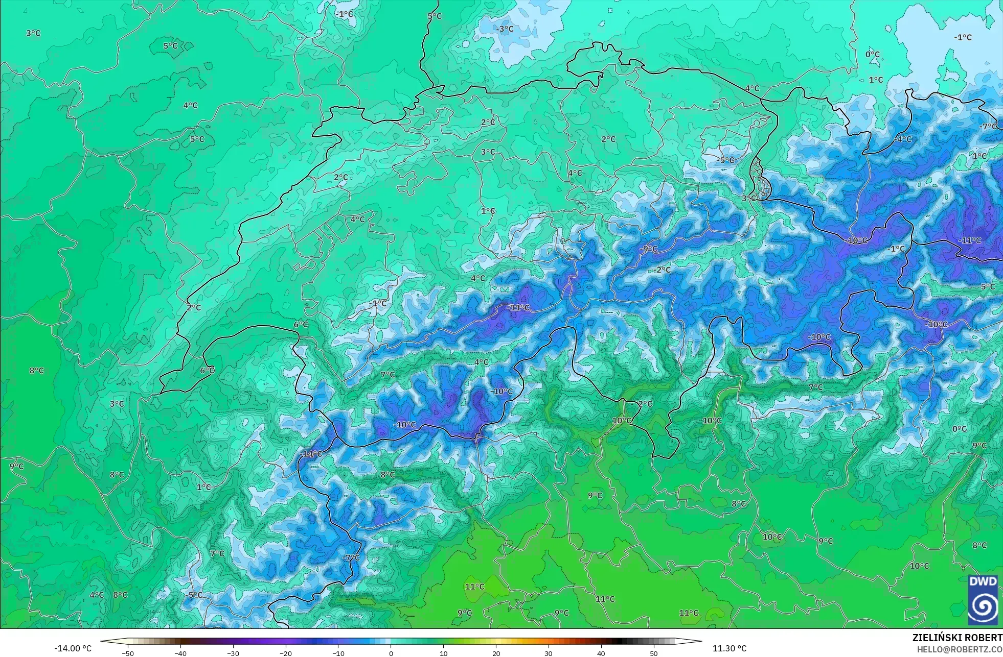 ICON Germany 2 km model - Switzerland, Temperature at 850hPa