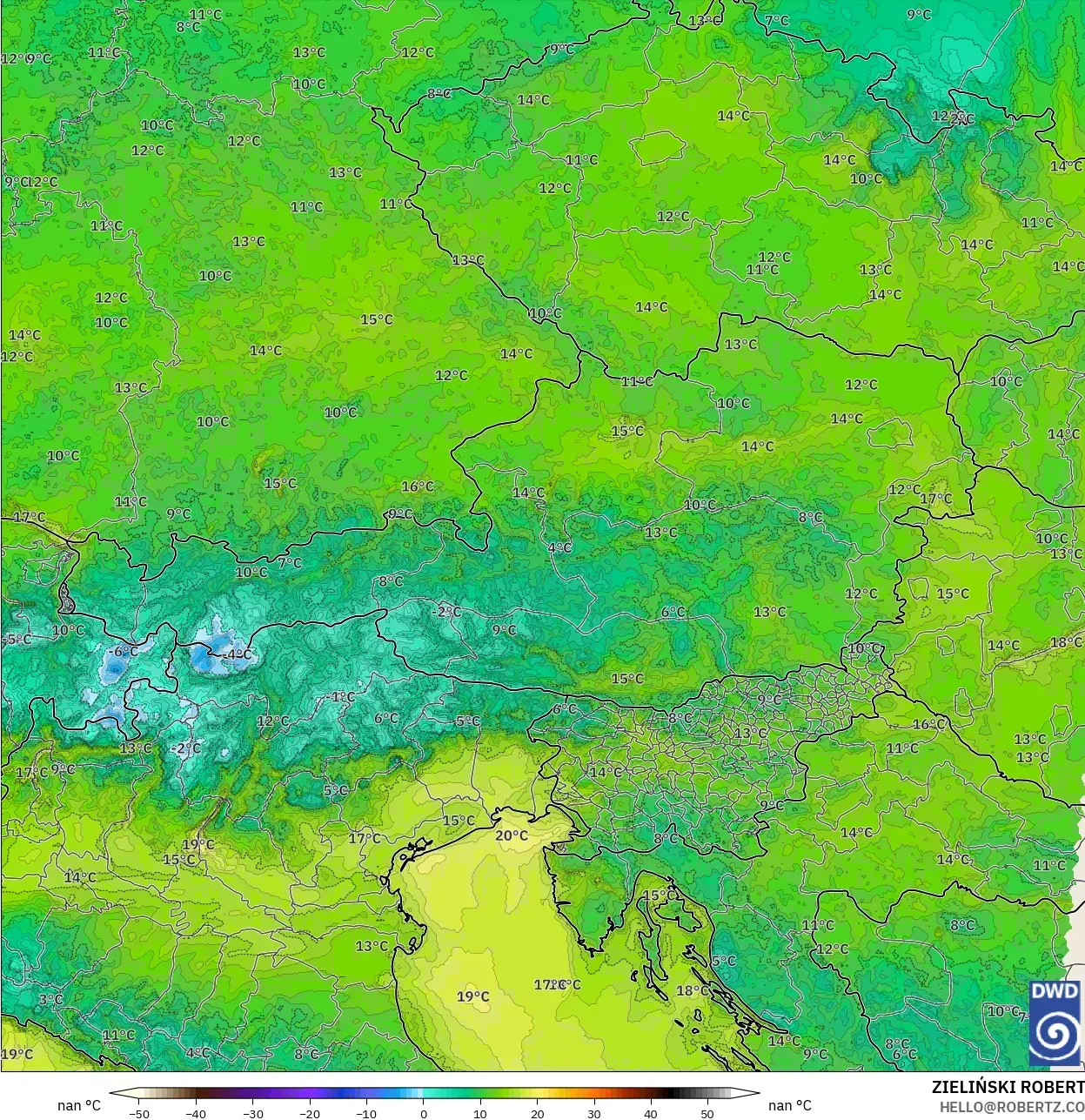 ICON Germany 2 km model - Austria, Dewpoint at 2m
