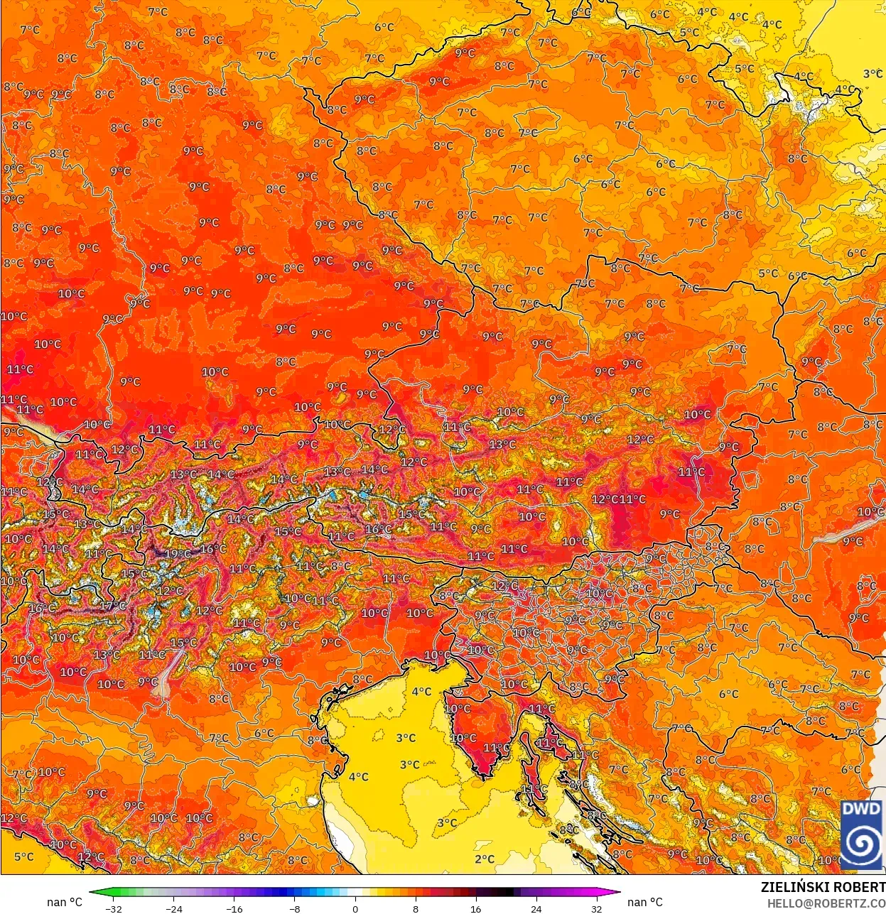ICON Germany 2 km model - Austria, Temperature at 2m Anomaly