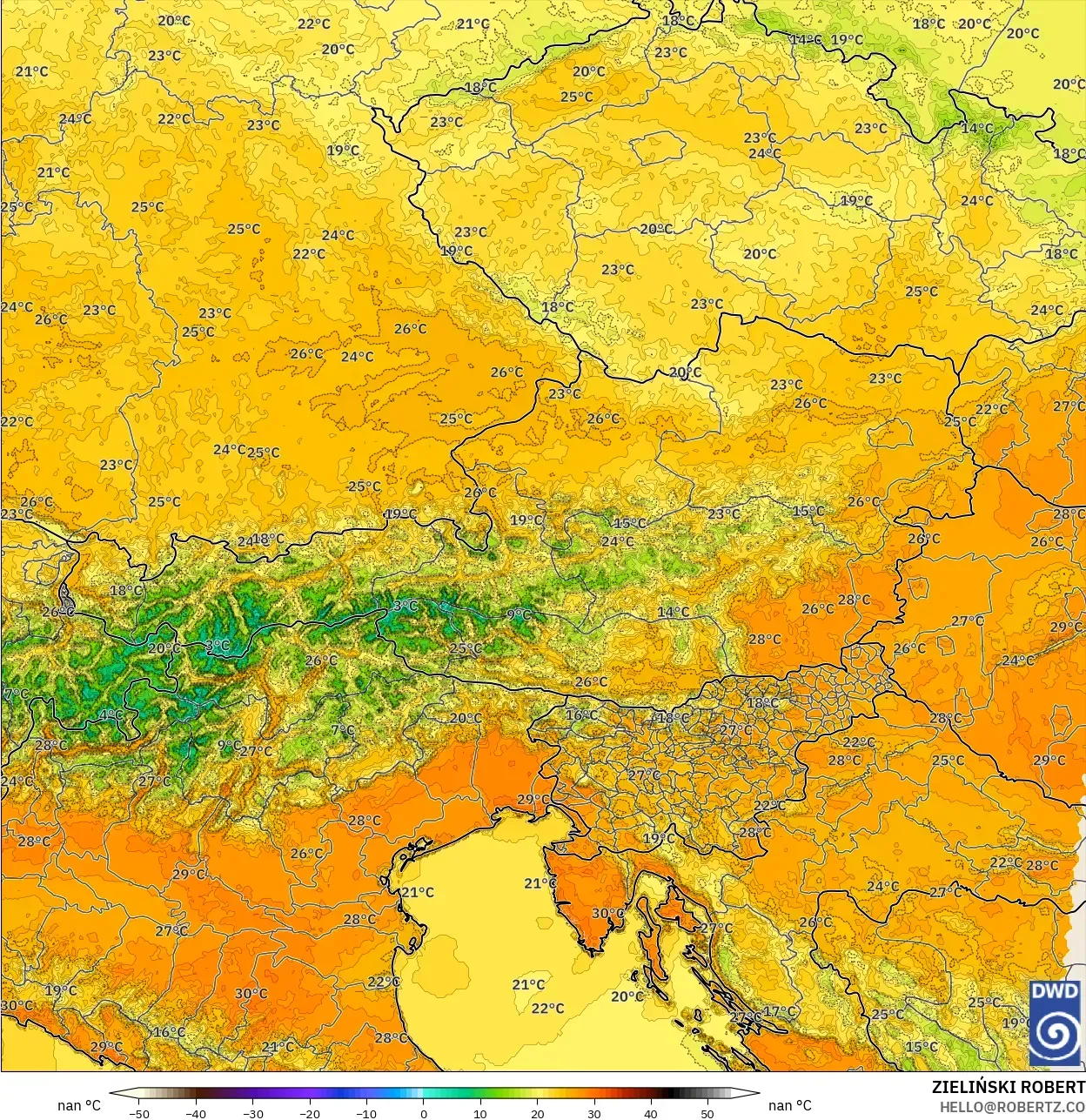 ICON Germany 2 km model - Austria, Temperature at 2m