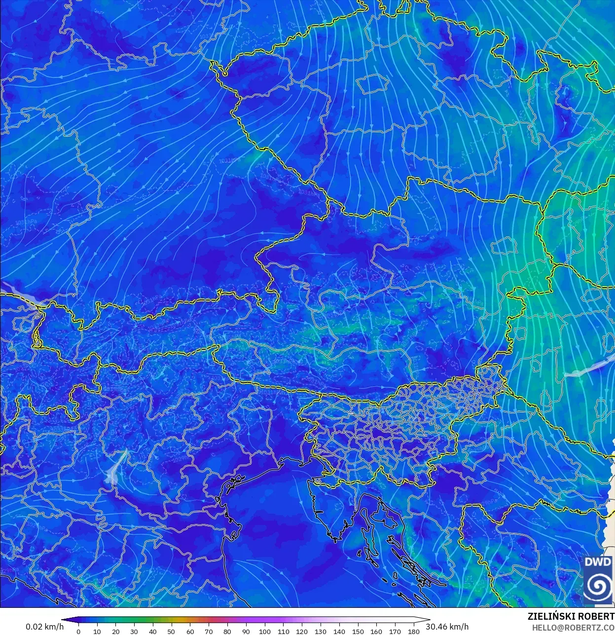 ICON Germany 2 km model - Austria, Wind at 10m