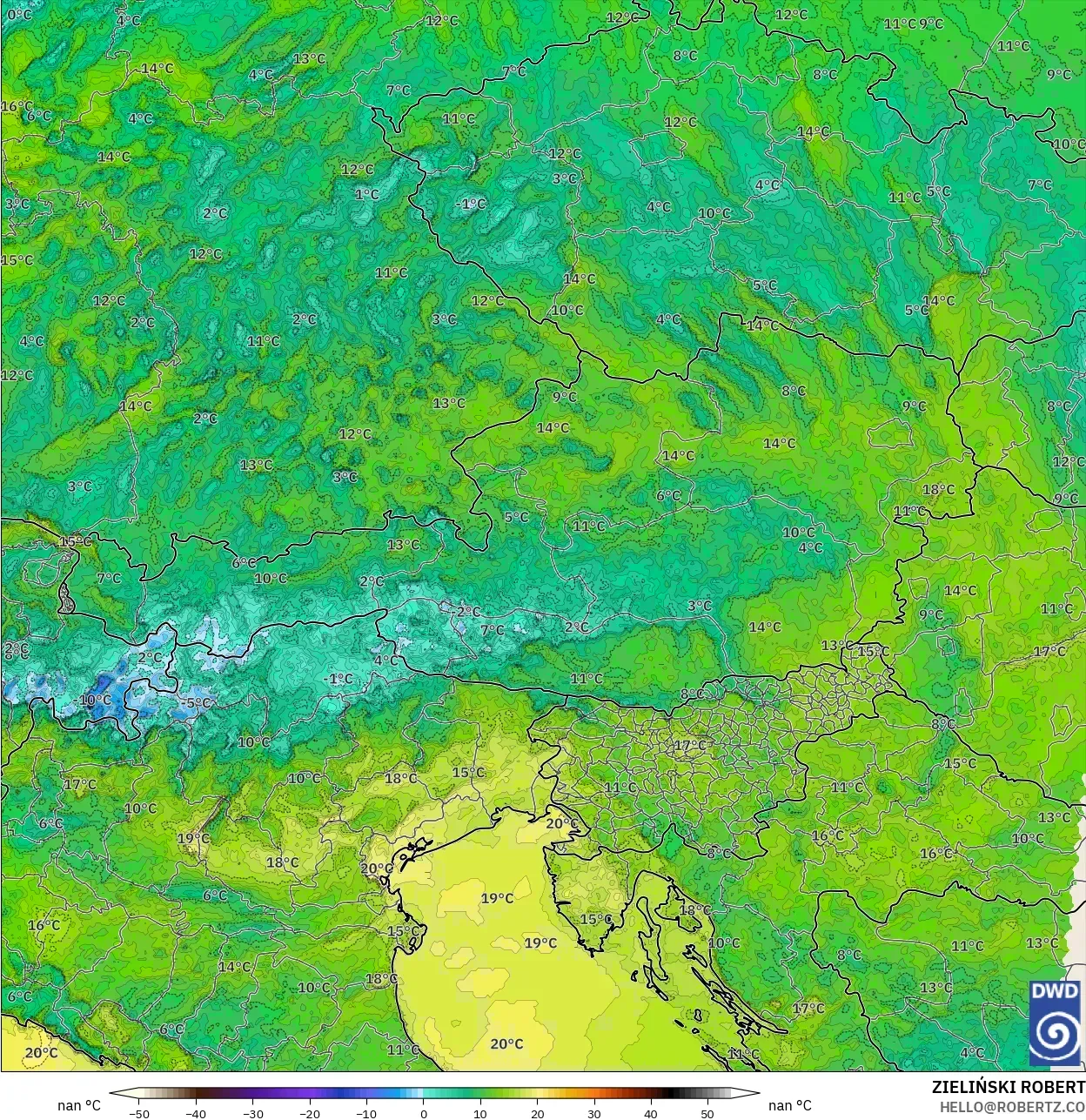 ICON Germany 2 km model - Austria, Dewpoint at 2m