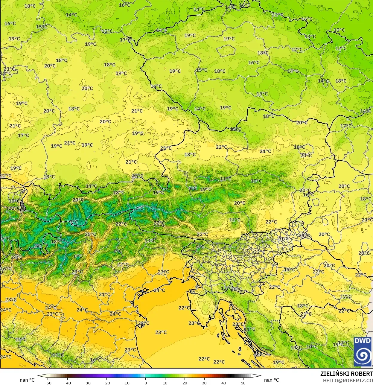 ICON Germany 2 km model - Austria, Temperature at 850hPa